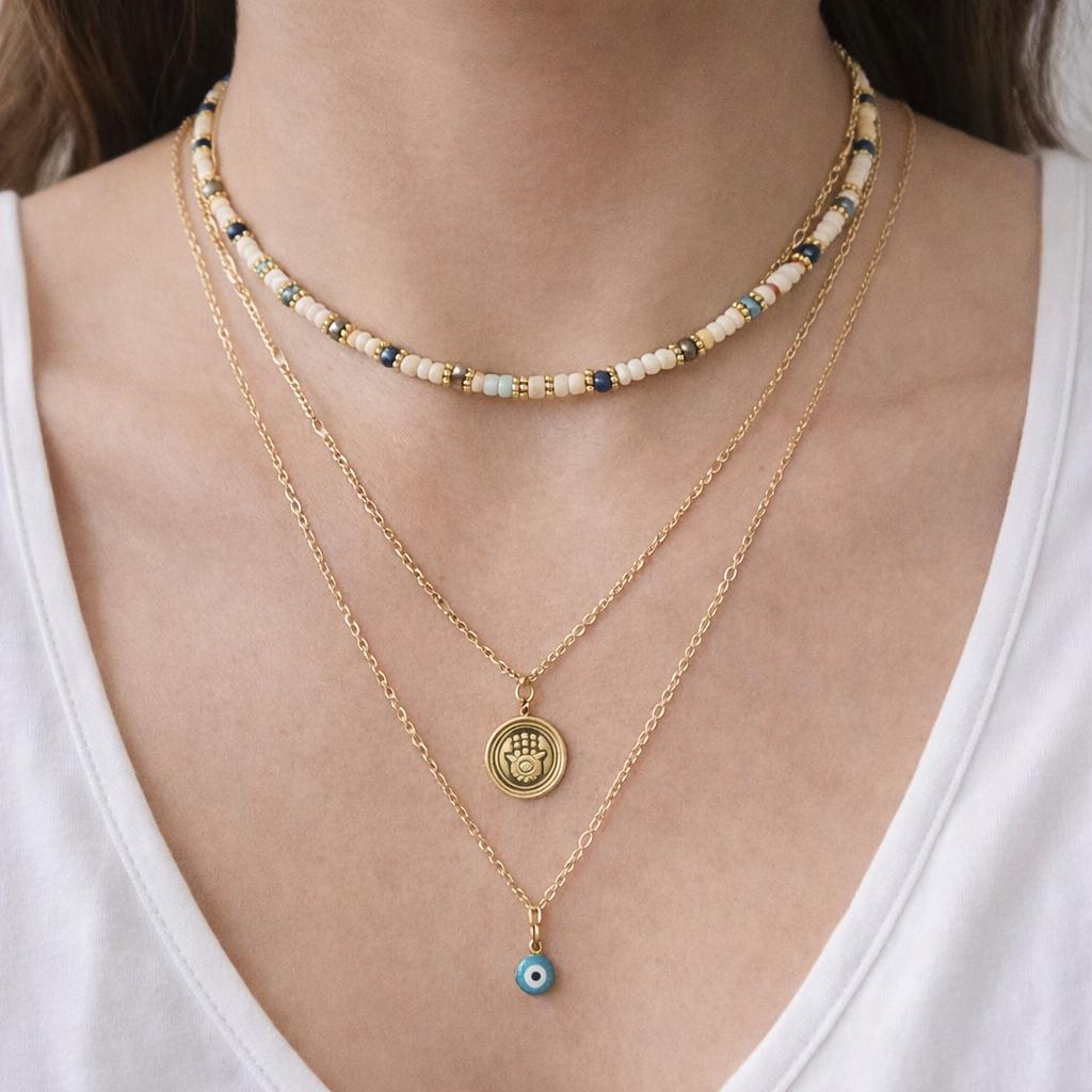Layered Boho Ketten mit Hamsa und Perlen LIUSH Berlin