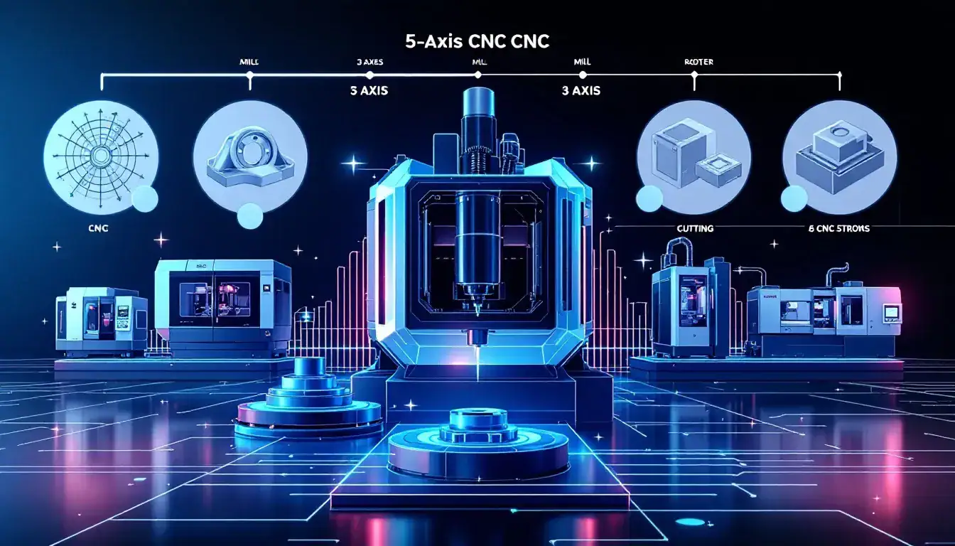 5 axis CNC machines in action, creating complex parts for various industries.