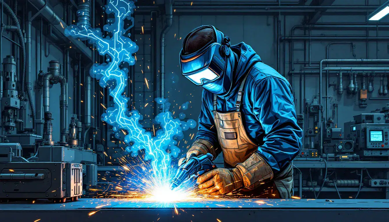 An illustration of MIG welding equipment in use, showcasing a welder at work.