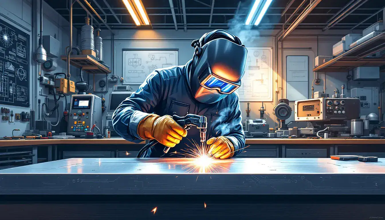 An illustration of MIG welding techniques being applied in a workshop setting.