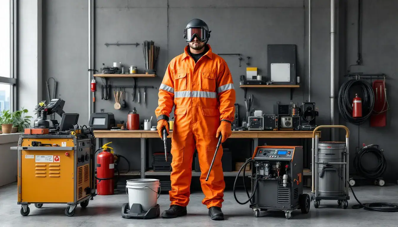 Safety gear and equipment essential for MIG and stick welding practices.