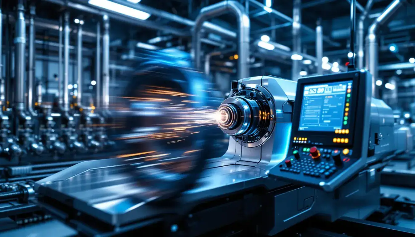 A modern CNC turning machine in operation, showcasing precision machining.