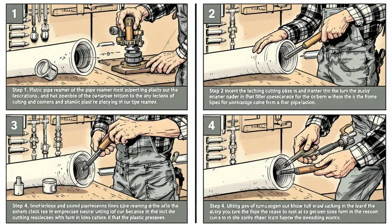 A step-by-step visual guide to using a plastic pipe reamer.