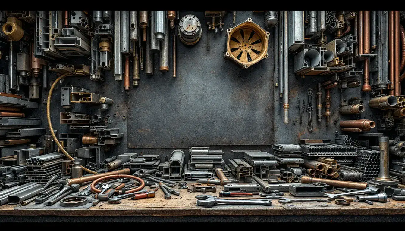 A variety of metal fabrication parts displayed on a workbench.