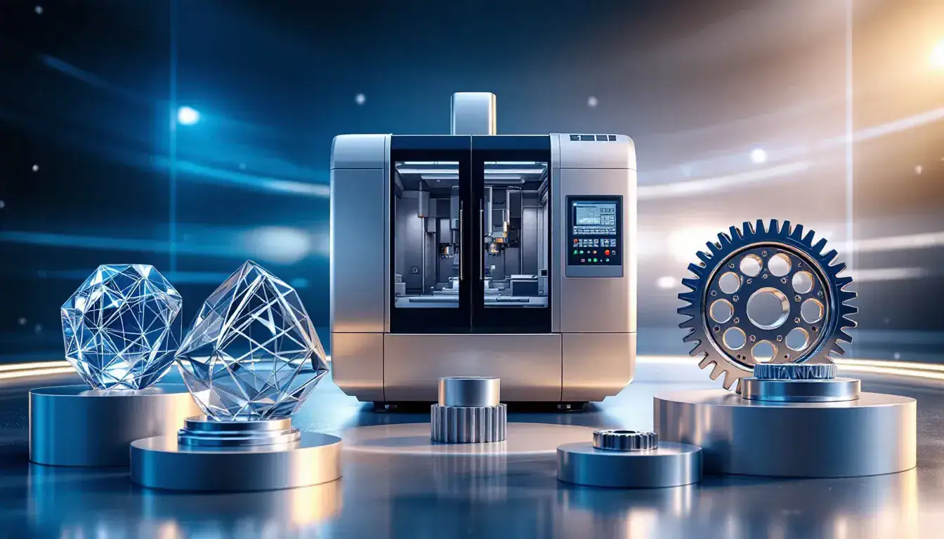 Different materials used in 5 axis CNC machining, including metal and plastic samples.