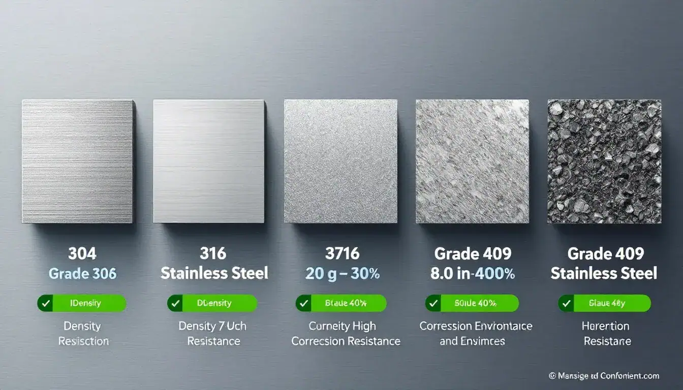 Different grades of stainless steel showcasing their density and corrosion resistance.