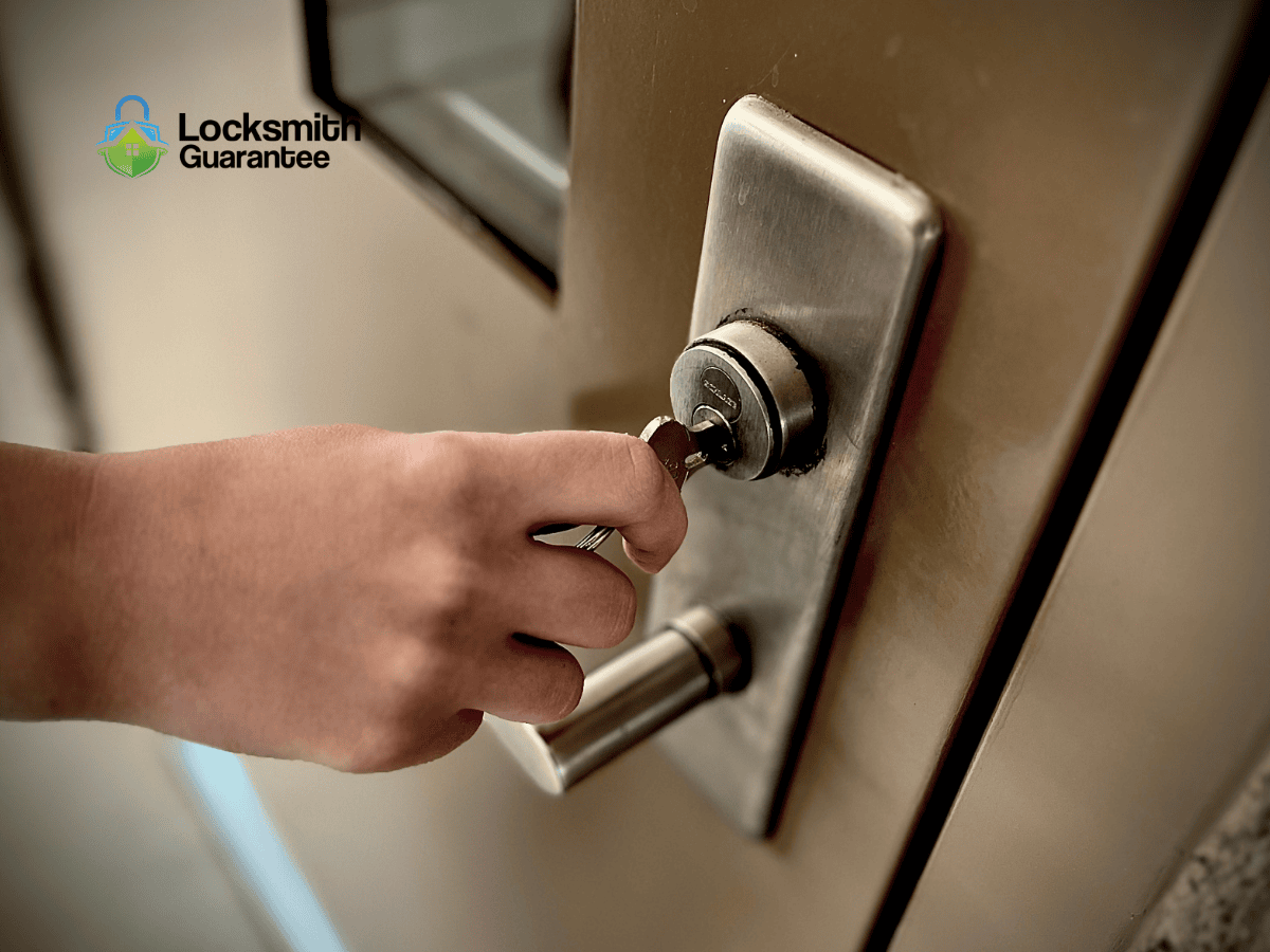 Locksmith Guarantee technician servicing a lock in Bethesda, Maryland