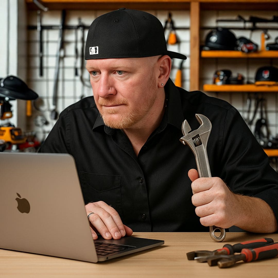Plumber in black cap holding wrench and working on laptop — representing home service business growth