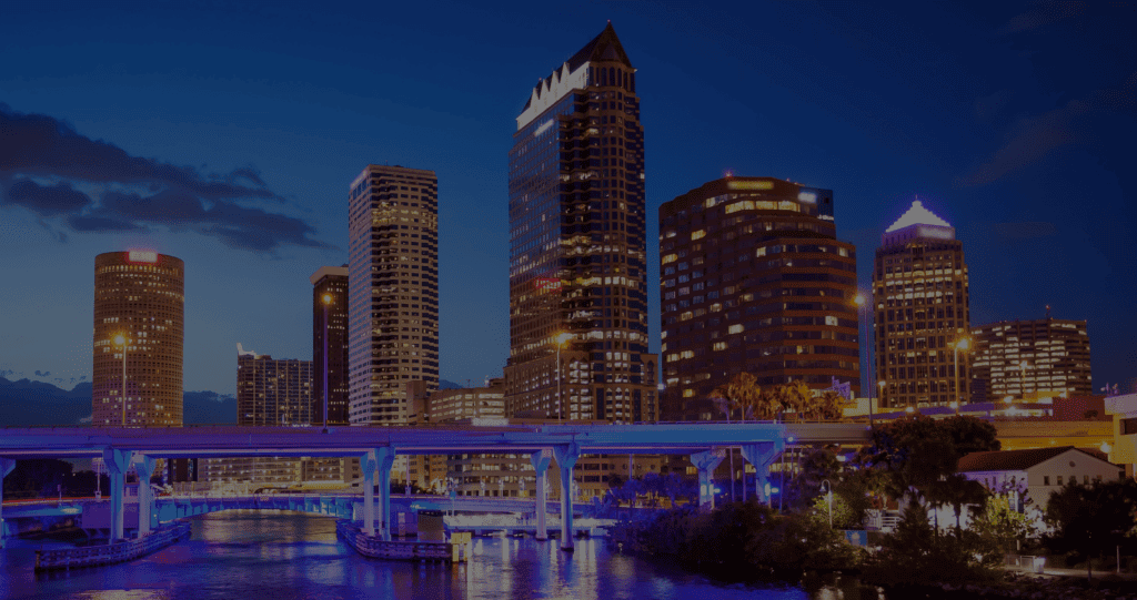 Tampa city skyline with illuminated skyscrapers at night