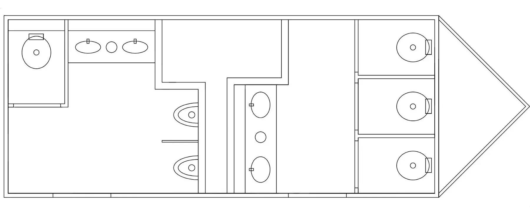 Floor plan of the Lux Dumps 6-station community restroom trailer