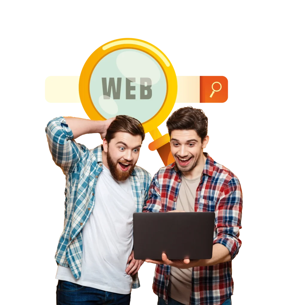 SEO CTA Two excited young men looking at a laptop screen, with a large search icon and the word "WEB" in the background, representing MaSs, a top SEO firm.