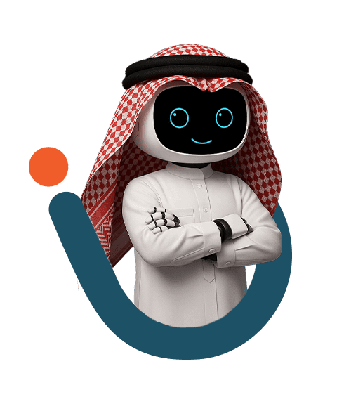 Gulf-dressed robot with Mazaya Integrated Software Solutions logo, reflecting smart automation and local innovation