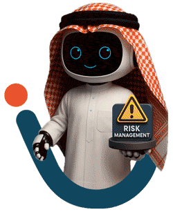 Robot holding Mazaya logo with risk icon symbolizing digital risk and compliance.