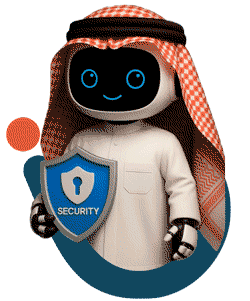 A robot in traditional Gulf attire holding a cybersecurity shield with a happy expression, surrounded by Mazaya company logos.