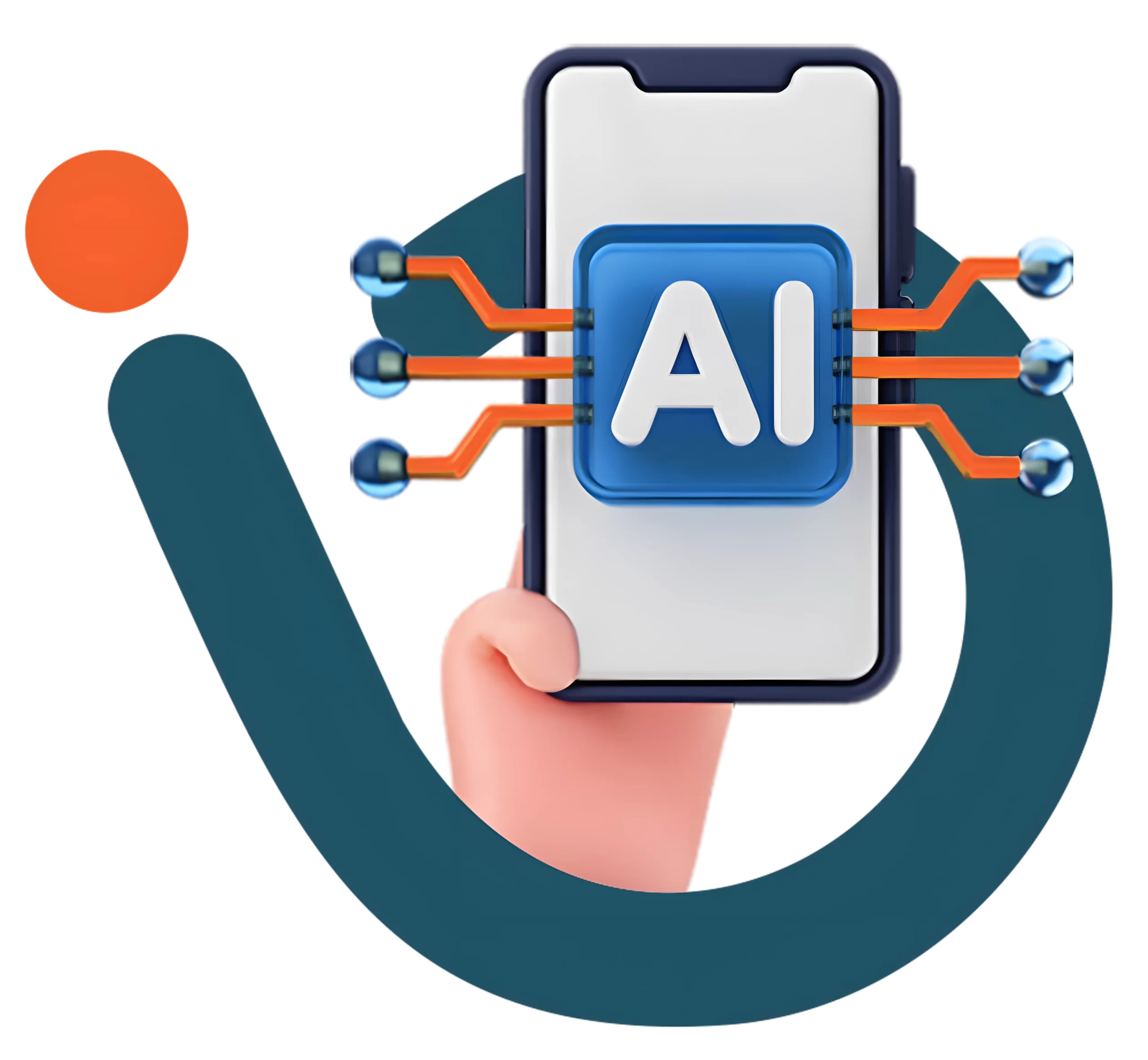 A hand holding a smartphone displaying an AI icon, representing smart artificial intelligence on mobile devices.