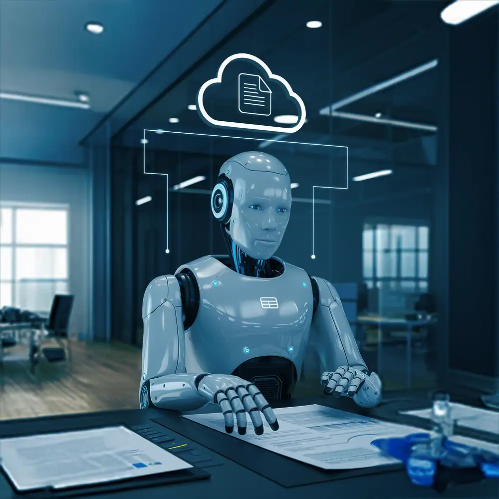 Robot sitting at a desk with paper reports, symbolizing AI-driven analysis and automated data processing.