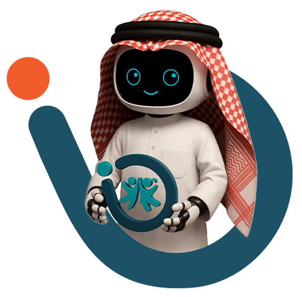 A Gulf robot wearing traditional attire holding the Mazaya Schoolna management school system logo
