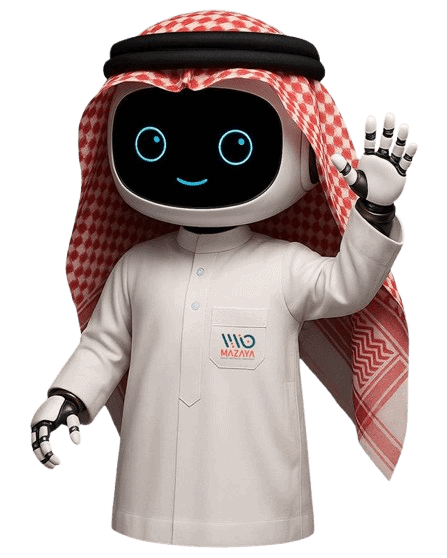 Robot gesturing to client, representing friendly AI-powered assistance from Mazaya Integrated Software Solutions