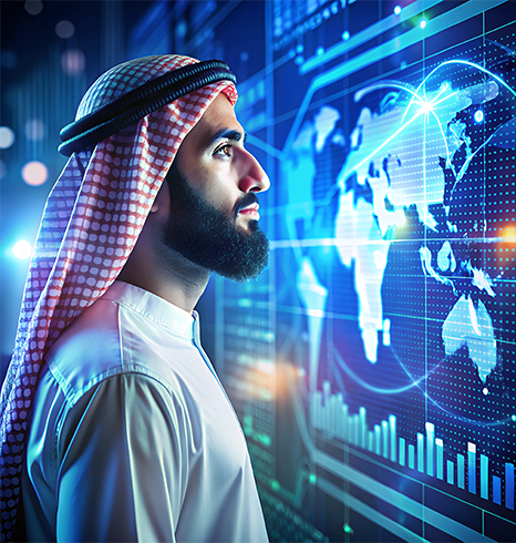 Saudi data analyst in traditional attire monitoring global digital transformation on smart dashboards
