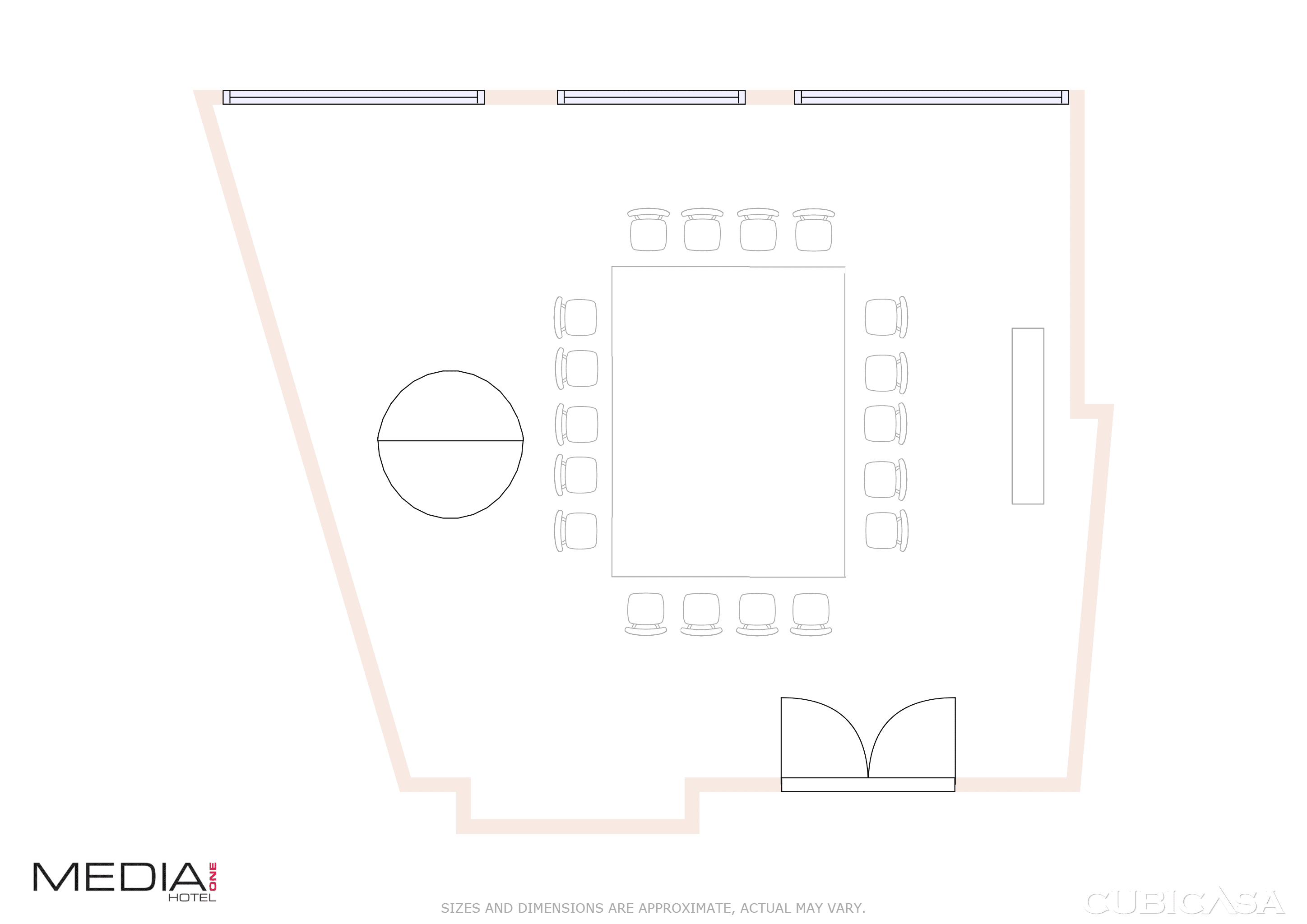 Floor plan of the Brainstorm Boardroom at Media One Hotel, showing seating arrangement and layout details.