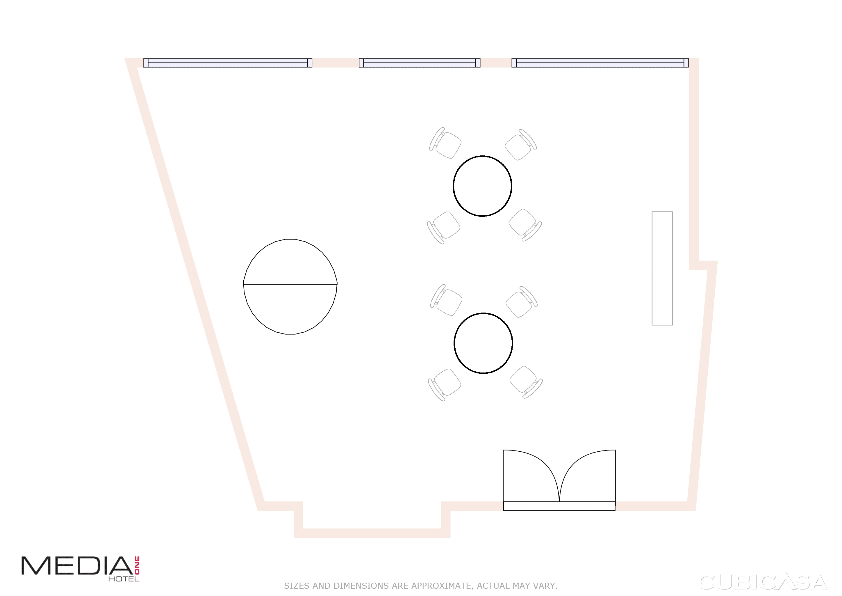 Cabaret-style floor plan of Brainstorm room at Media One Hotel, featuring round tables with seating arrangement.