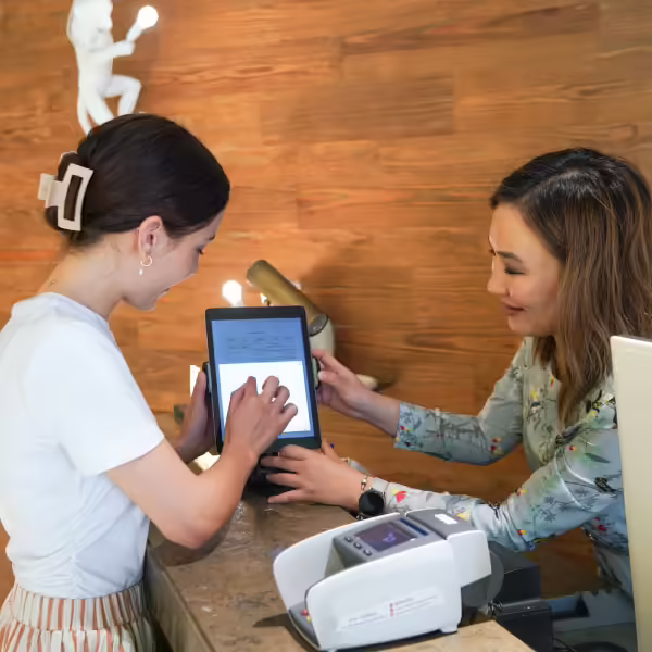 Digital check-in kiosk at Media One Hotel offering a seamless and contactless guest experience.