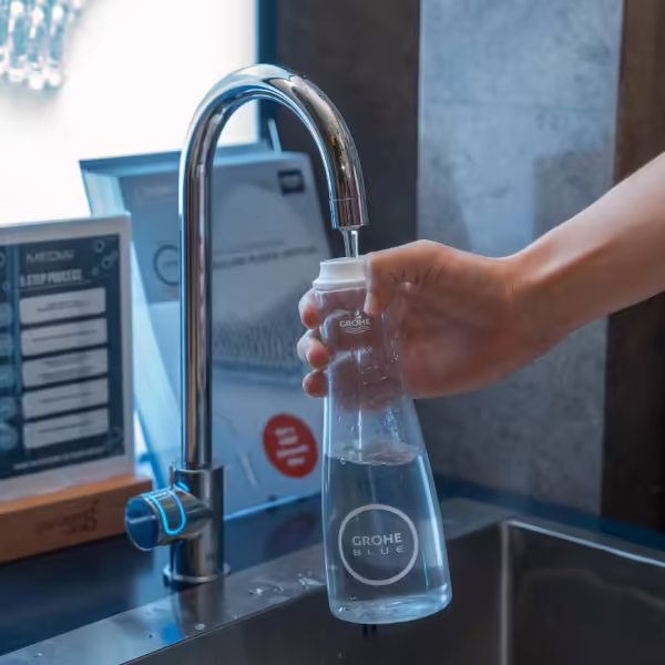 Grohe Blue water refilling station at Media One Hotel promoting sustainable hydration and reducing plastic waste.