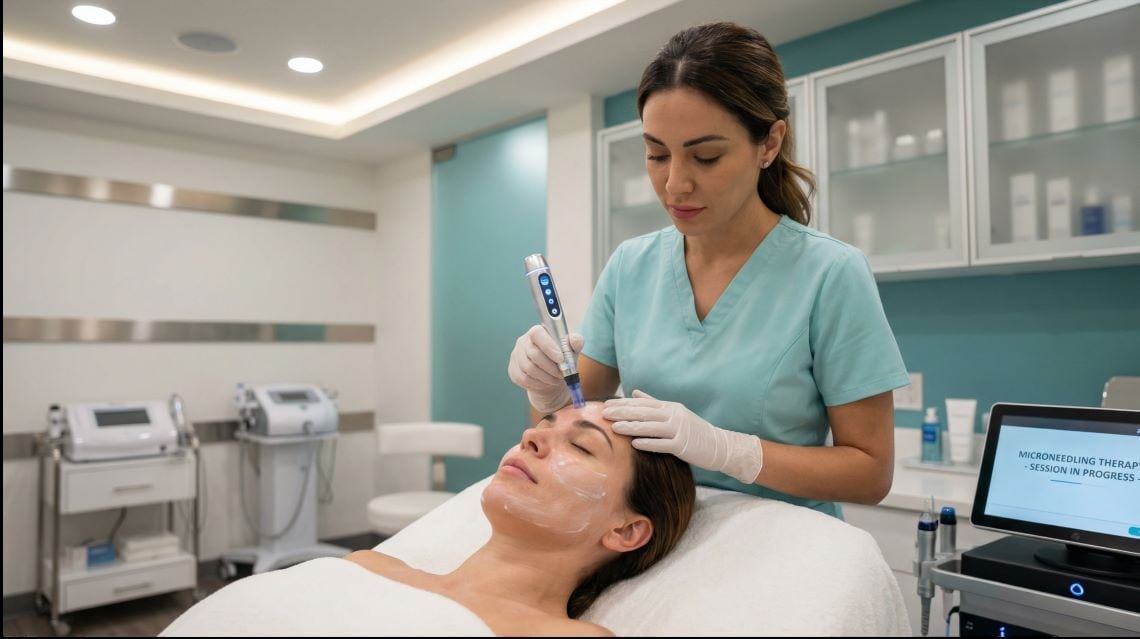 Esthetician performing a Microneedling Treatment Procedure on a client's forehead in a modern clinic setting