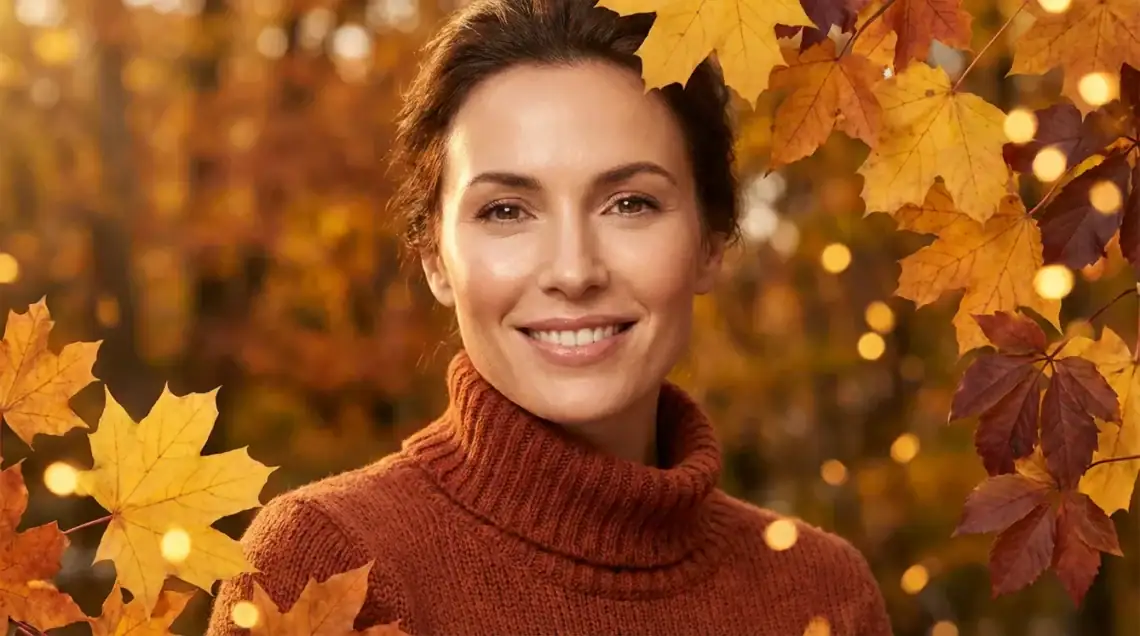 Beautiful woman with healthy, glowing skin wearing an orange turtleneck sweater surrounded by colorful fall leaves, highlighting effective fall skincare.