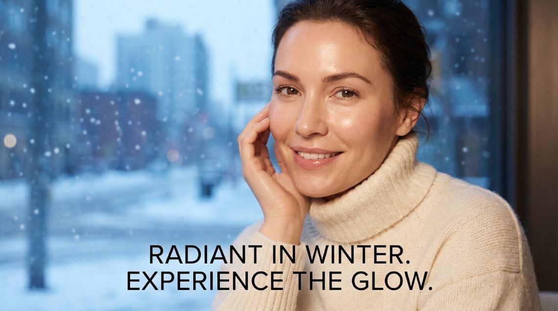 Smiling woman with glowing skin indoors during snowfall, promoting effective Winter Skincare