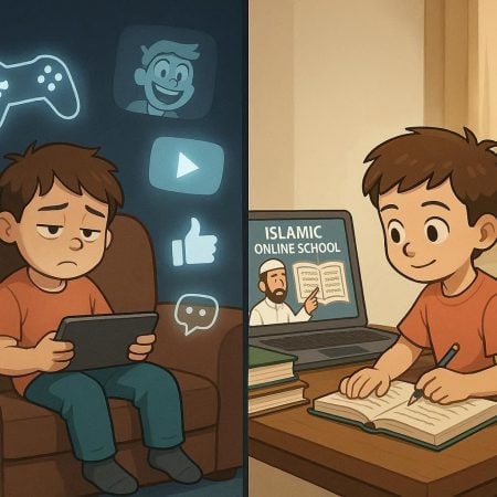 Child moving from wasted screen time to productive learning through an Islamic online school.