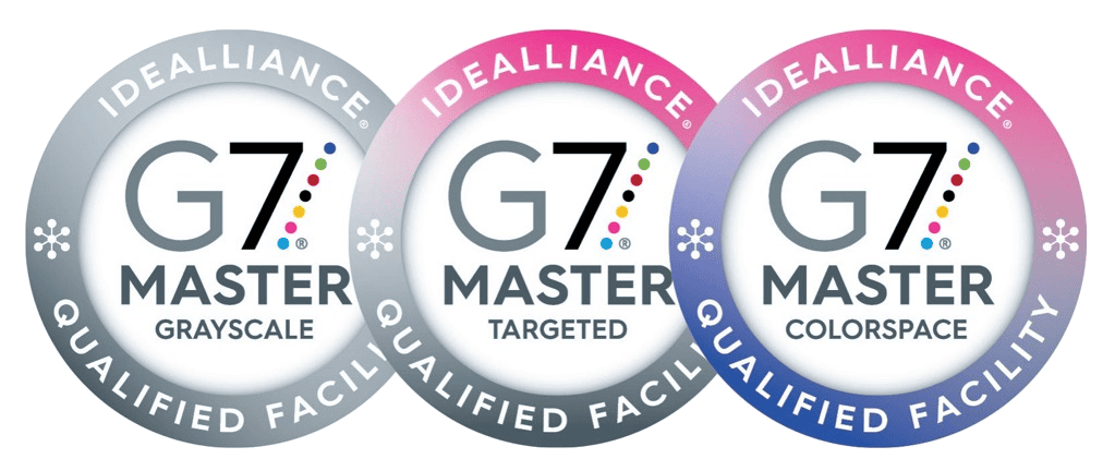 Idealliance G7 Master qualified facility badges for Grayscale, Targeted, and Colorspace