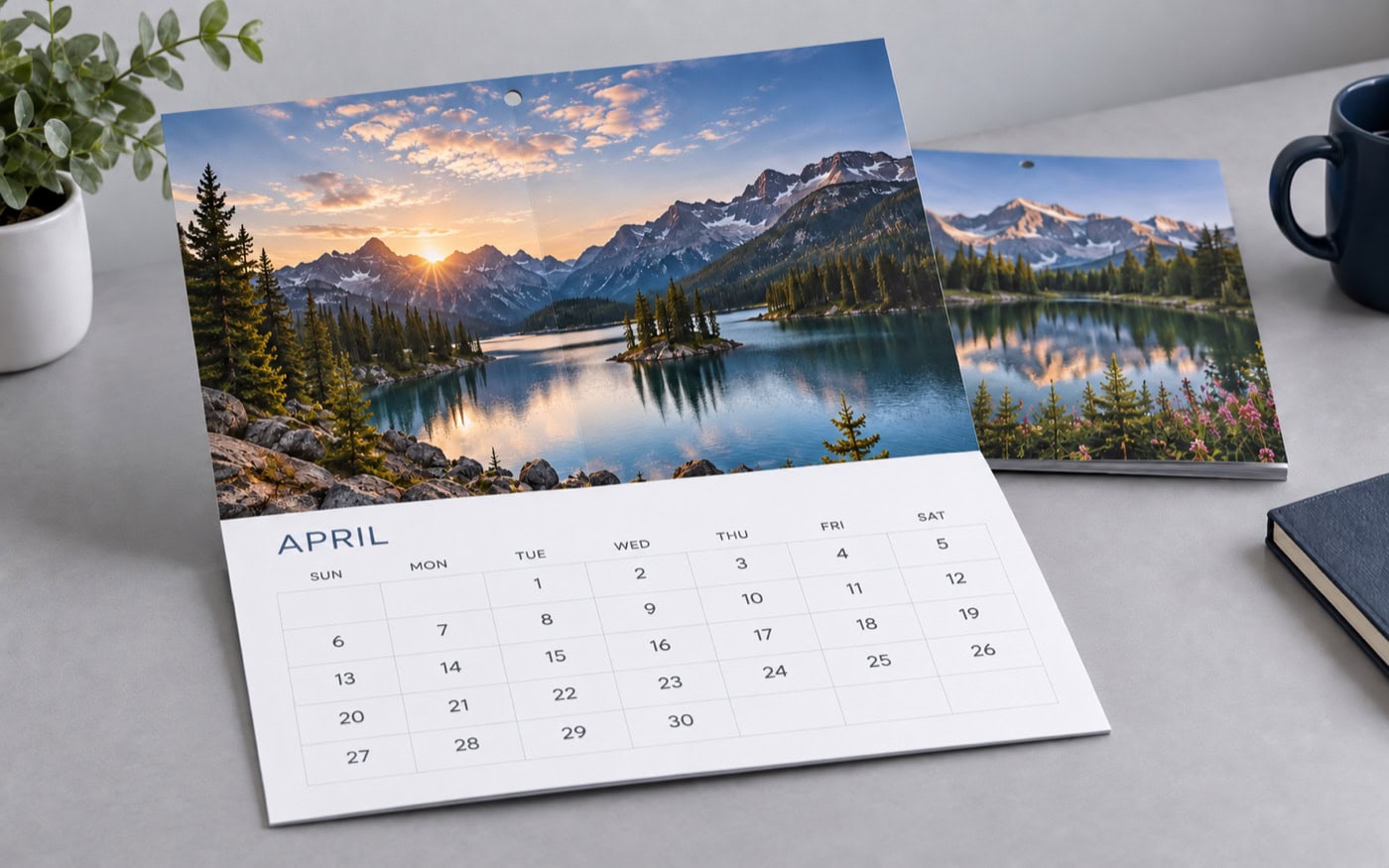 Saddle-stitched scenic wall calendar showing one month