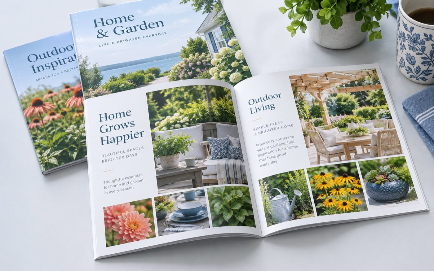 Open home and garden catalog with matching booklets