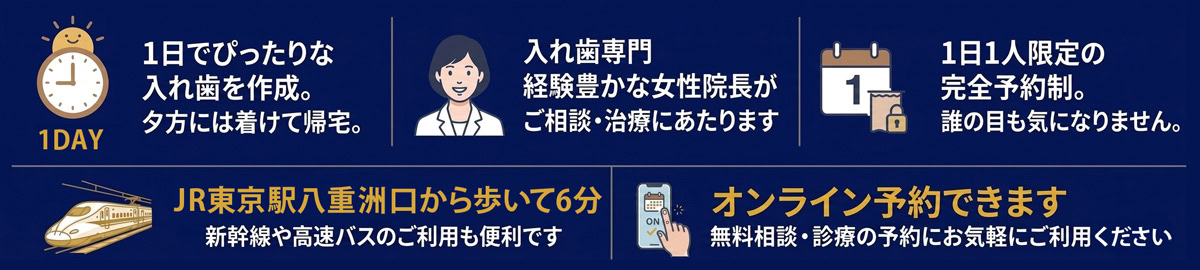 アート歯科4つの魅力　1日でぴったりの入れ歯を作成｜入れ歯専門　経験豊かな女性院長が治療｜1日1人限定の完全予約｜JR東京駅八重洲口から歩ける距離