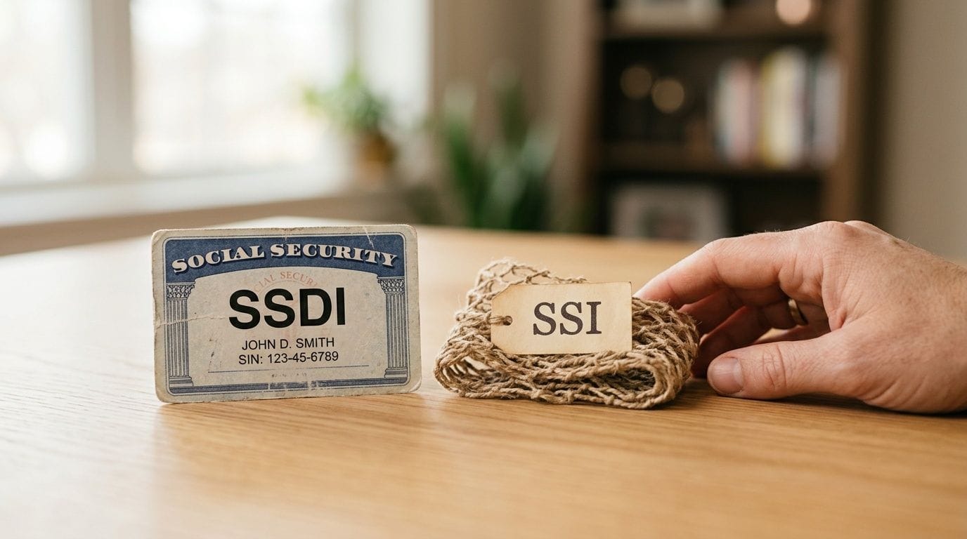 A Social Security card labeled SSDI and a tag labeled SSI on a wooden table, with a hand nearby.