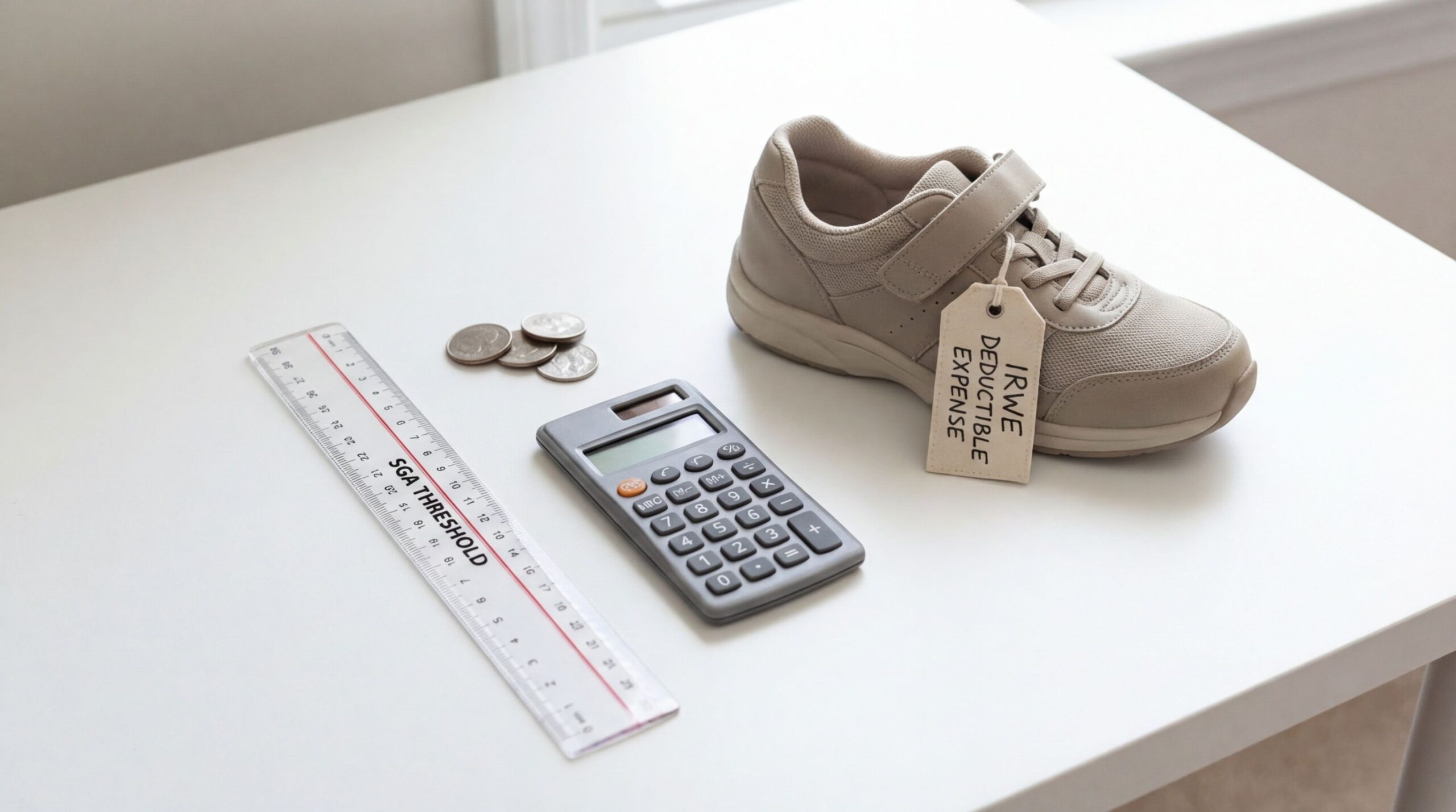 A shoe with 'IRWE Deductible Expense' tag, calculator, ruler marked 'SGA Threshold', and coins on a white table.