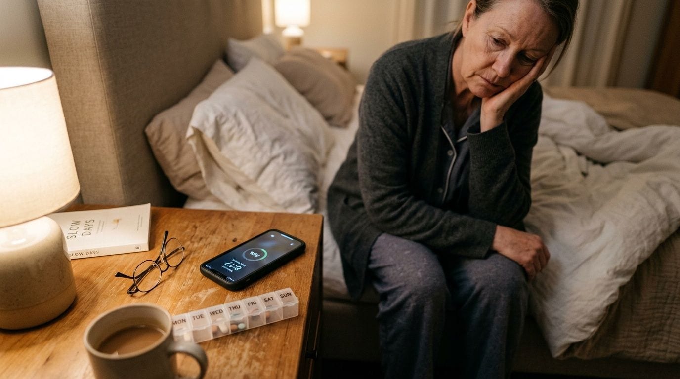 Sad woman sits on bed, bedside table with phone, pills, and book in morning light.