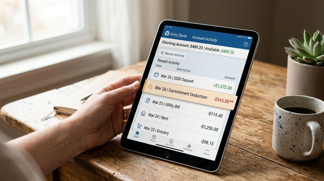 A tablet screen displaying Unity Bank account activity showing an SSDI deposit and a garnishment deduction transaction.