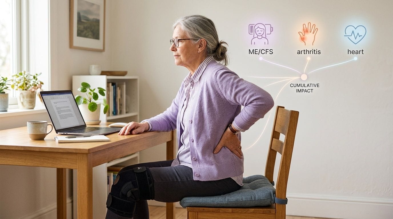 Elderly woman with back pain and knee brace at a desk, showing cumulative impact of chronic conditions.