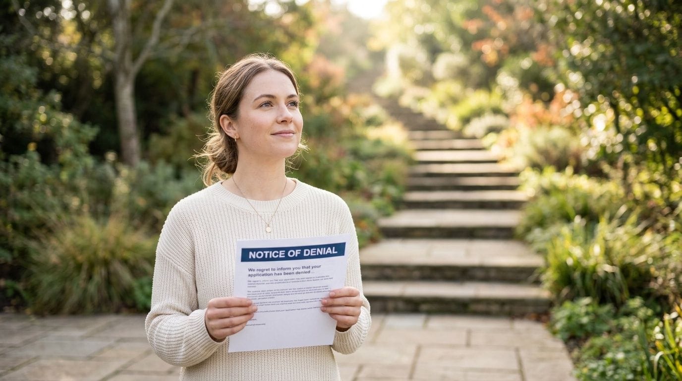 A young woman stands outdoors holding a document titled Notice of Denial regarding her application status.