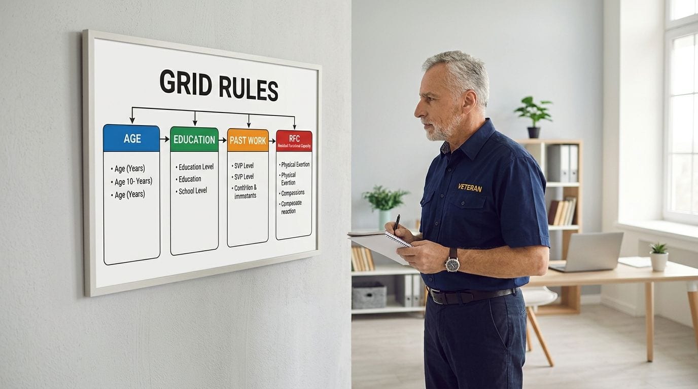 A man in a 'VETERAN' shirt reviews a 'GRID RULES' chart detailing age, education, past work, and RFC.