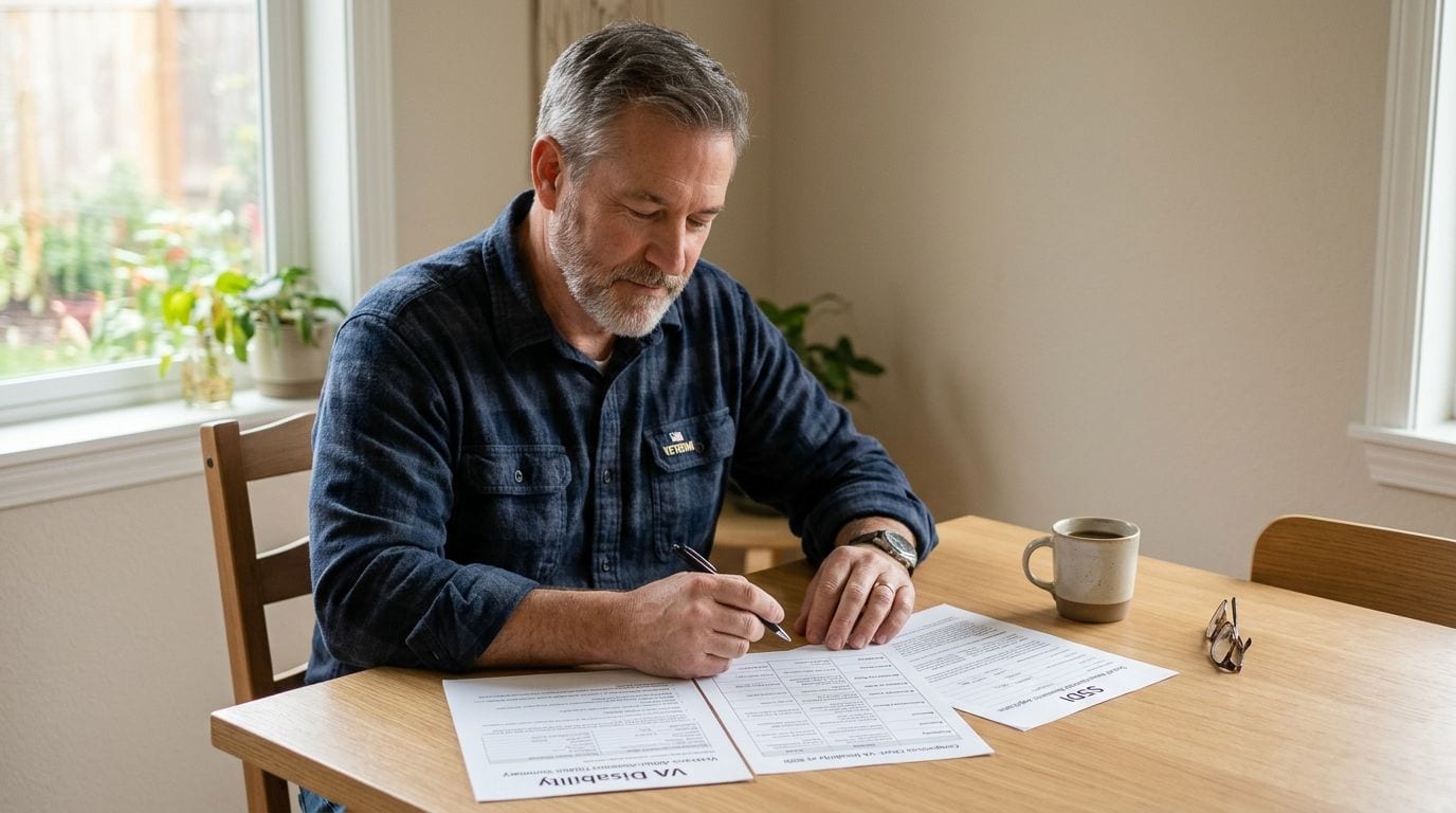 Gray-haired veteran fills out important disability and benefits forms at a bright home table.