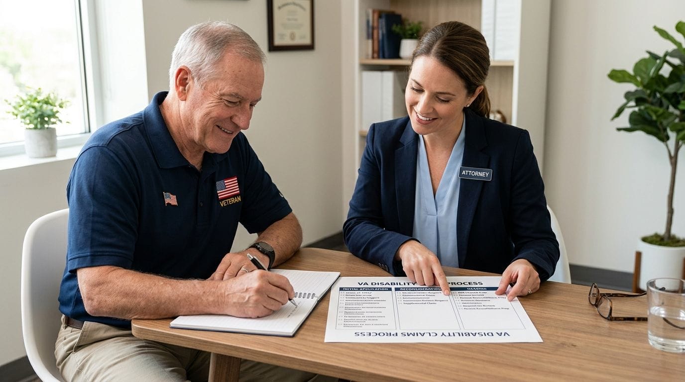 A smiling veteran consults with a female attorney about VA disability benefits claims process.