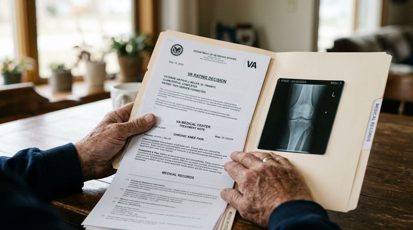 An elderly person reviews VA documents and an X-ray of a knee, showing medical and benefit information.