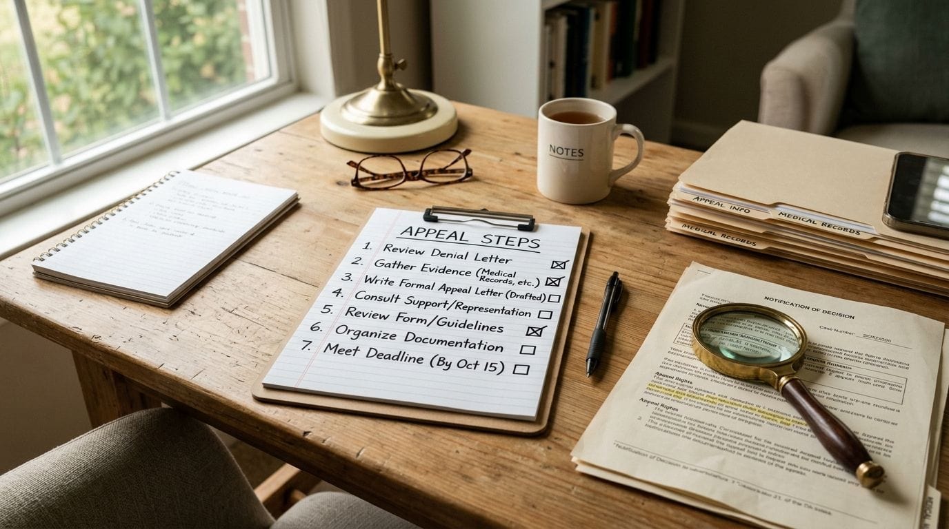 A wooden desk featuring a checklist of appeal steps, medical files, and paperwork for disability claims processing.