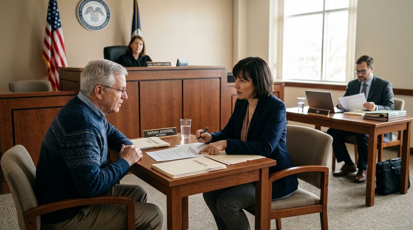 An attorney, Sarah Jenkins, reviews documents with a male client in a courtroom, with a judge and another attorney nearby.