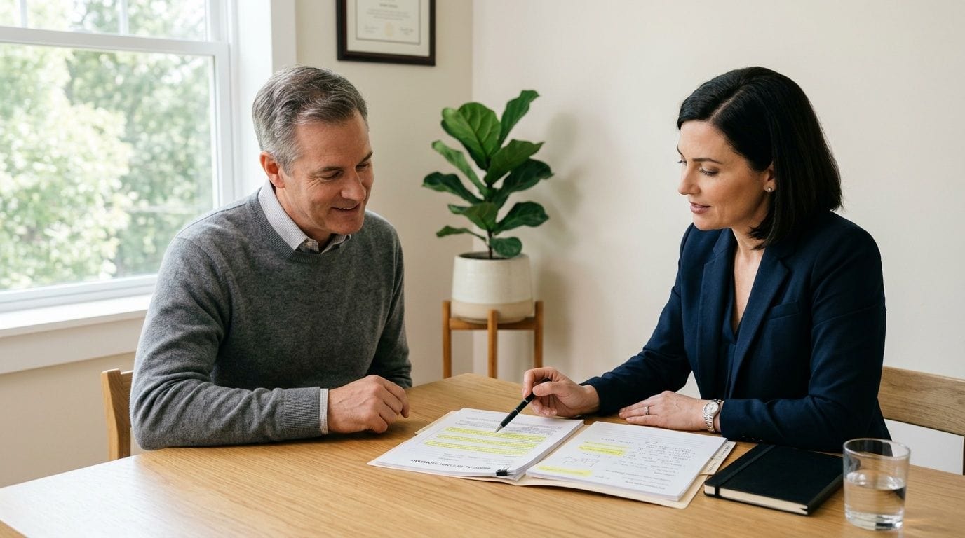 A financial advisor explains documents to a smiling client during a meeting.