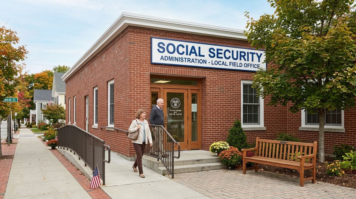 Two people exit a brick Social Security office building on Main Street with autumn foliage.