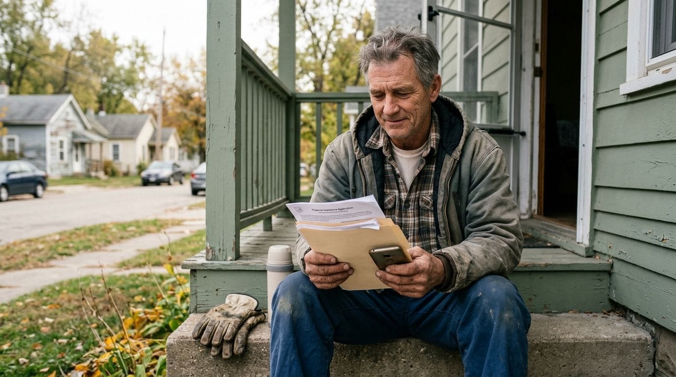 An older man sits on a porch, reviewing documents in a folder while holding a smartphone.
